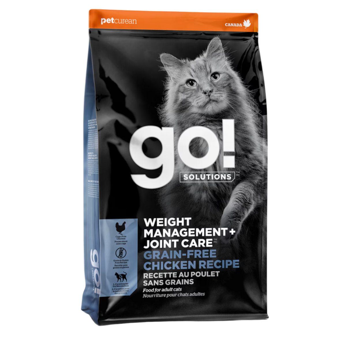 Go! Solutions cat food package with a cat on the label on a white background