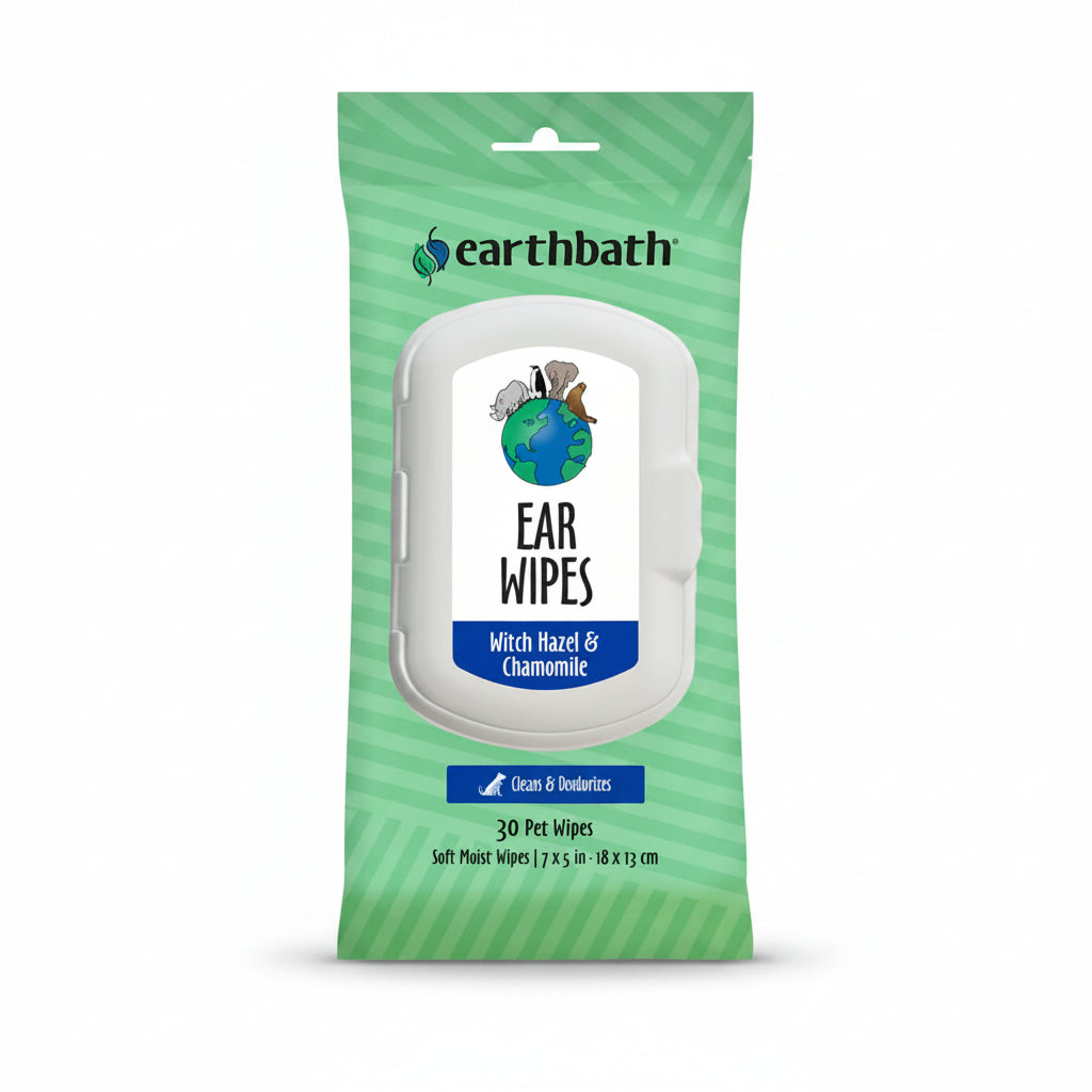 Pack of Earthbath ear wipes on a white background