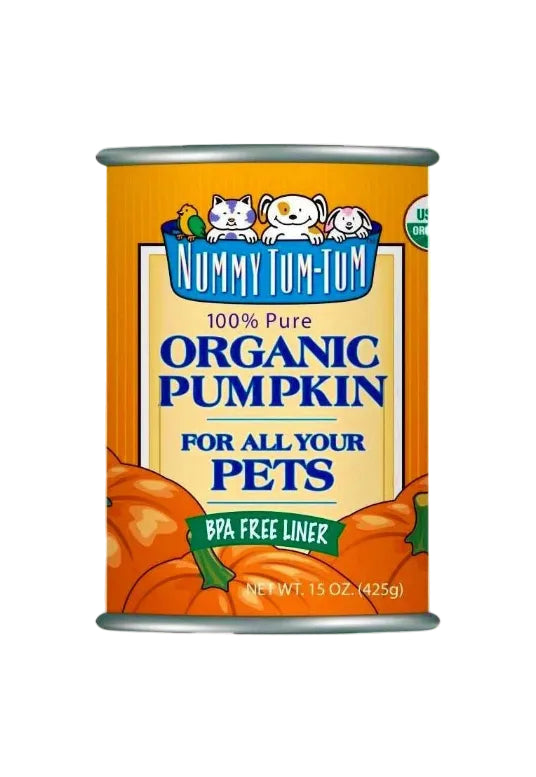 A can of Nummy Tum-Tum 100% Pure Organic Pumpkin for all pets. The can is colored orange with images of pumpkins and cats on it, and it has the text 'BPA FREE LINER' at the bottom.